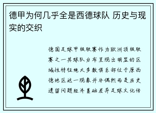 德甲为何几乎全是西德球队 历史与现实的交织