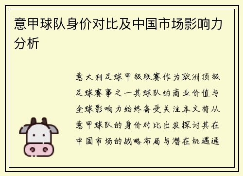 意甲球队身价对比及中国市场影响力分析