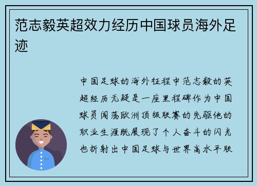 范志毅英超效力经历中国球员海外足迹